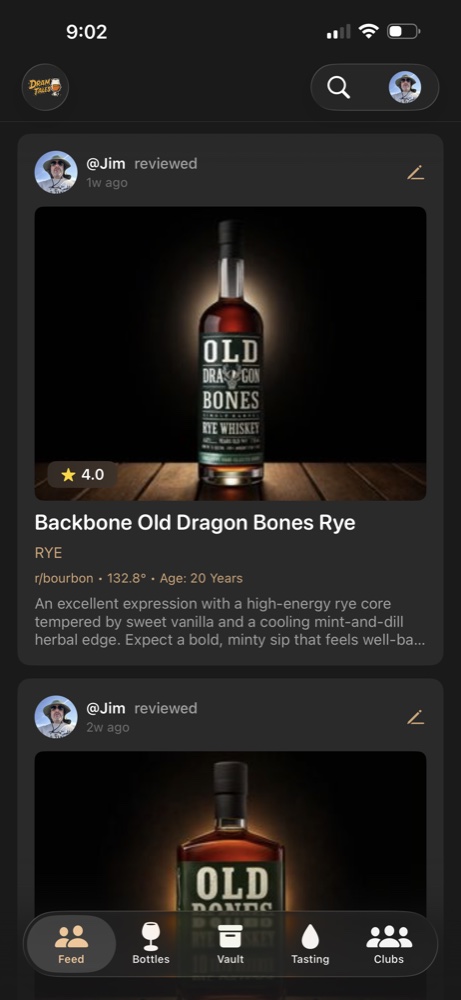 Dram Tales mobile feed showing a whiskey review