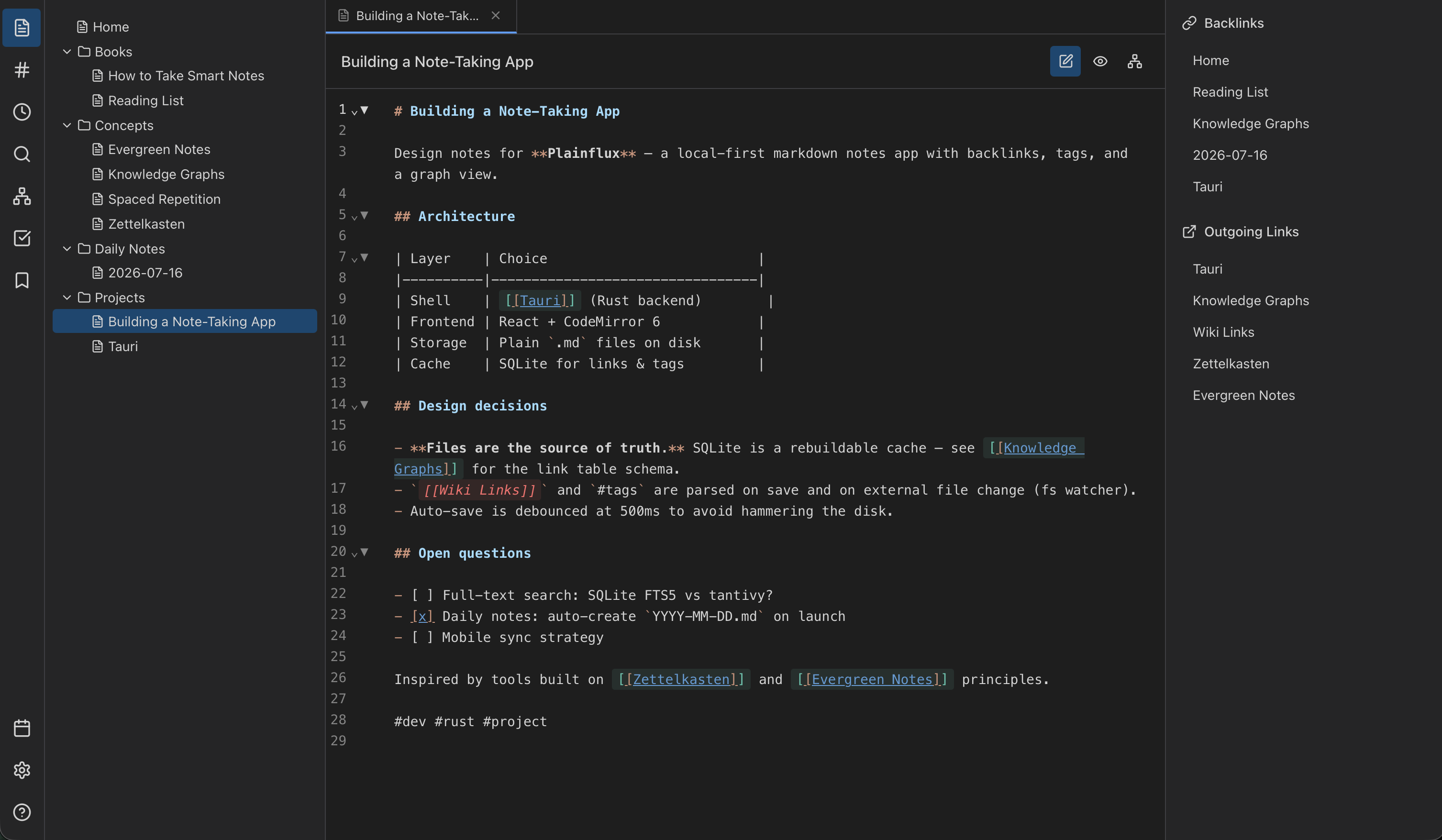Plainflux note-taking app showing a markdown note, backlinks, and a note tree
